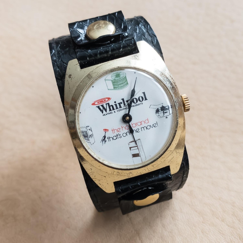 Vintage 1970's Whirlpool Heating & Cooling Watch Black Faux Snakeskin Swiss Made